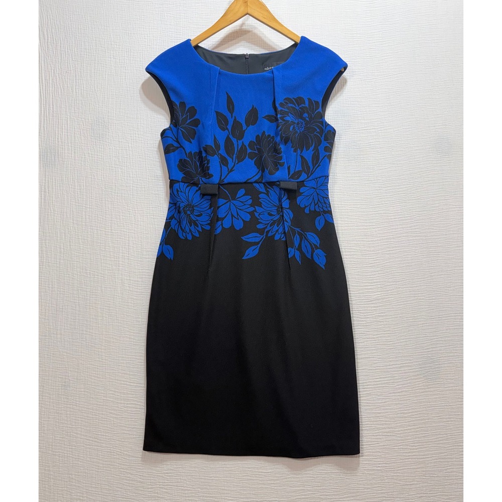Connected Apparel Sheath‎ Dress Womens 4P Blue Black Floral Sleeveless Modest